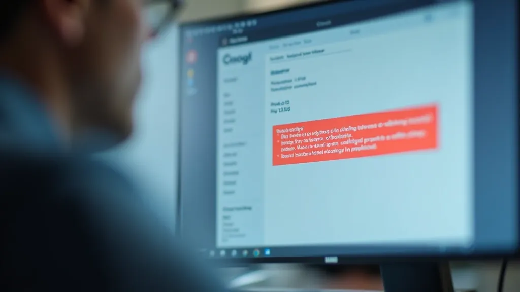 Close-up of email on computer screen showing suspicious sender address and urgent language warning