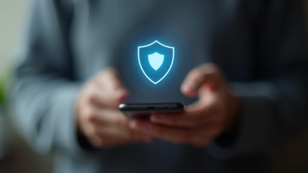 Close-up of hands holding a smartphone with a shield icon visible, representing digital security