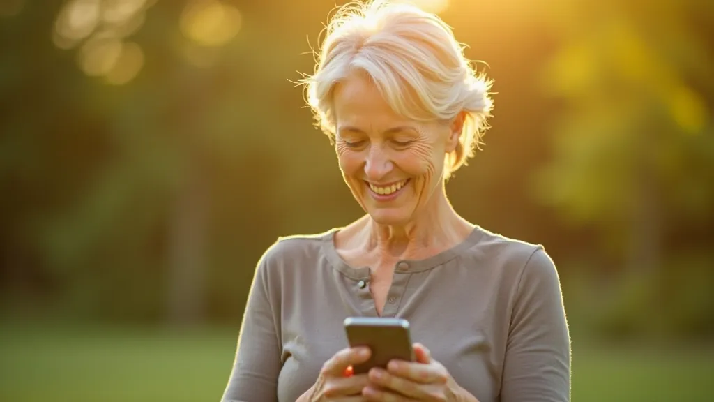 Older adult holding a smartphone with a confident smile, looking at the screen in natural daylight