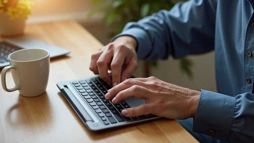 Older man's hands typing on tablet keyboard at wooden table with coffee cup nearby, morning light