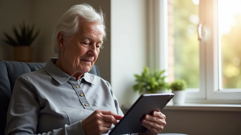 Senior person holding tablet during video call, showing concerned expression, tablet screen displaying frozen or dark video feed, home setting with natural window light