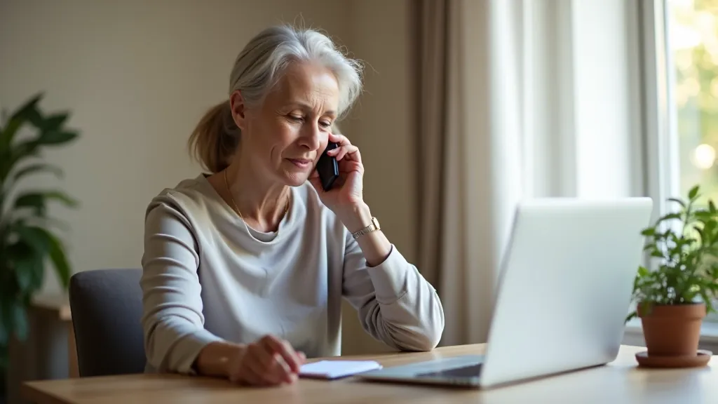 Older person on phone calling bank, looking at laptop screen, home office setting with visible calendar and contact information