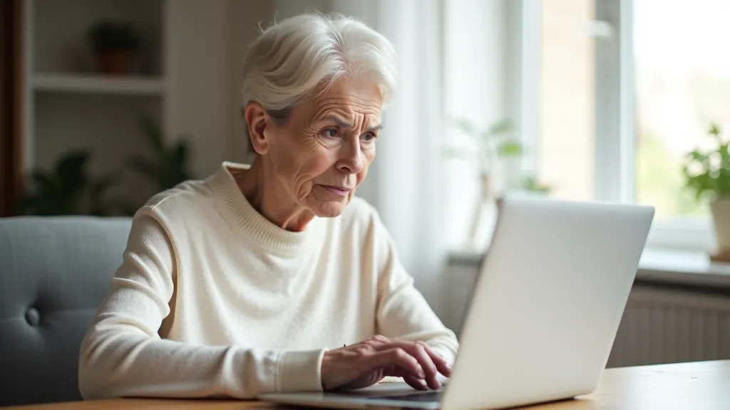 Senior woman at laptop with concerned expression, reading screen, bright window in background, close-up upper body shot