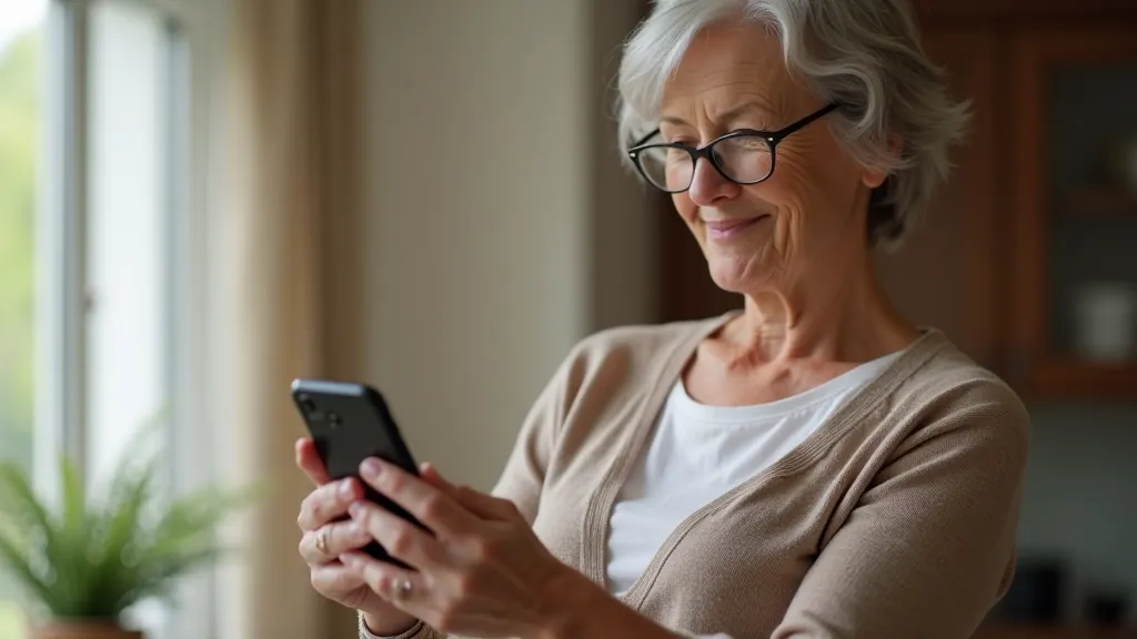 Senior woman wearing glasses looking at smartphone screen with clear interface, hands visible, warm indoor lighting, close-up view