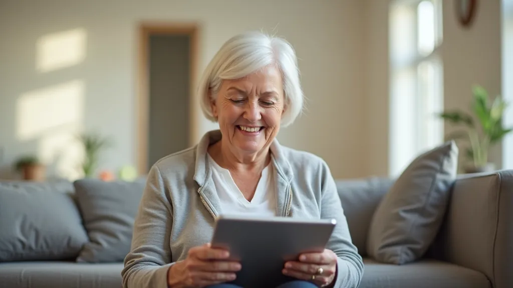 Senior adult confidently using tablet in comfortable home environment