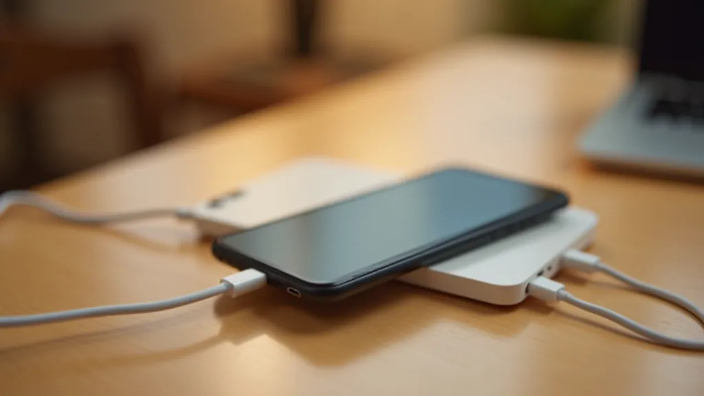 Smartphone connected to charging cable on wooden table, proper charging setup with wall adapter visible, warm natural lighting, clean composition