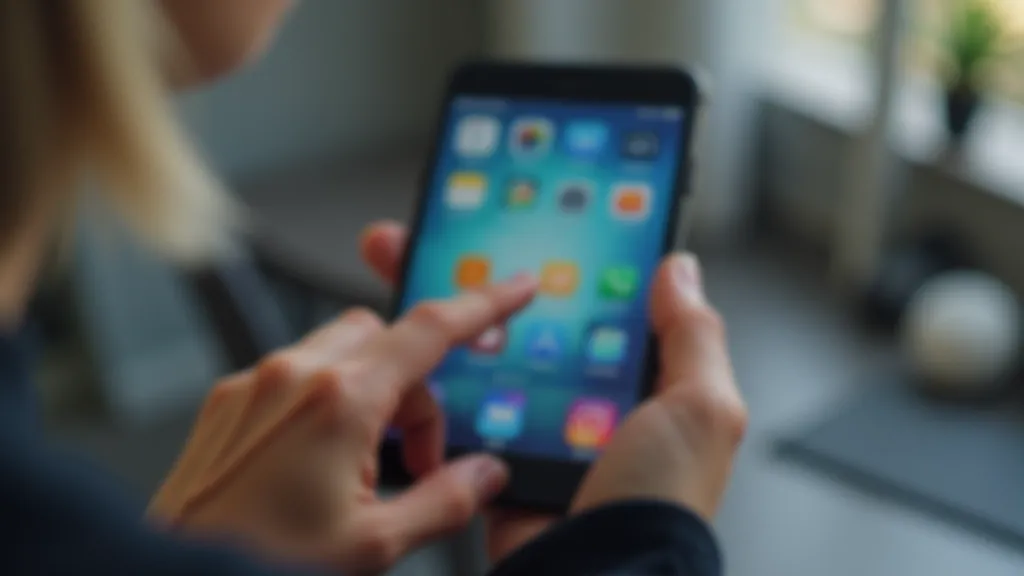 Smartphone screen showing home screen with apps clearly visible, finger pointing at app icon, bright screen display, close-up view with good visibility