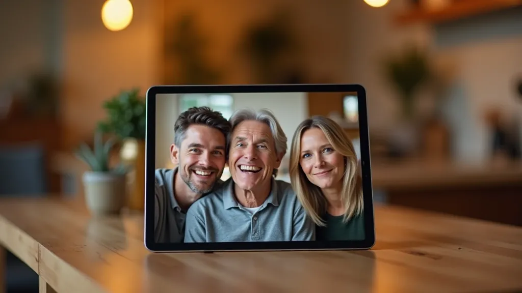 Family video call on tablet screen showing multiple people smiling, tablet propped on table in home setting