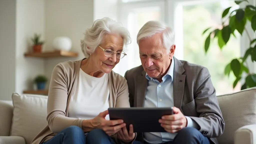 Two older adults sitting together looking at a tablet device, learning together in a bright room