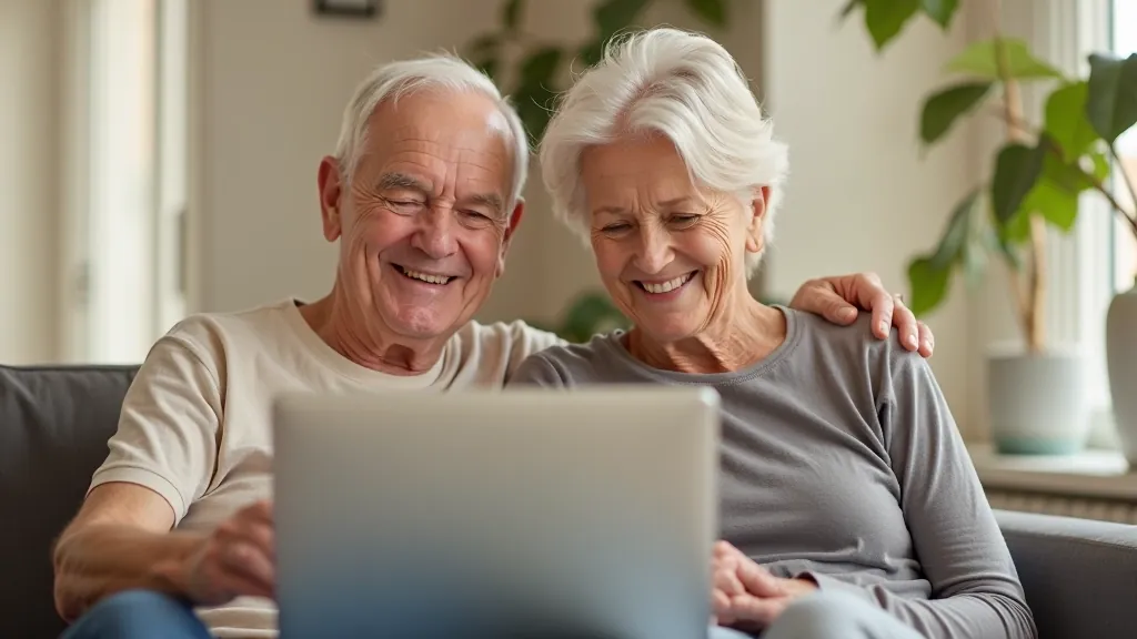 Two family members smiling during video call on laptop, warm living room setting with bookshelves in background, happy genuine expressions, afternoon natural light